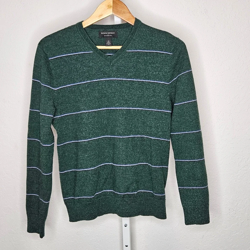 Banana Republic Merino Wool Sweater Green Striped V Neck‎ Lightweight Men's Med
